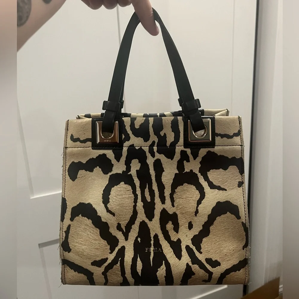 Furla Leopard Print Tote Bag - Black and Tan. Peeling inside***READ